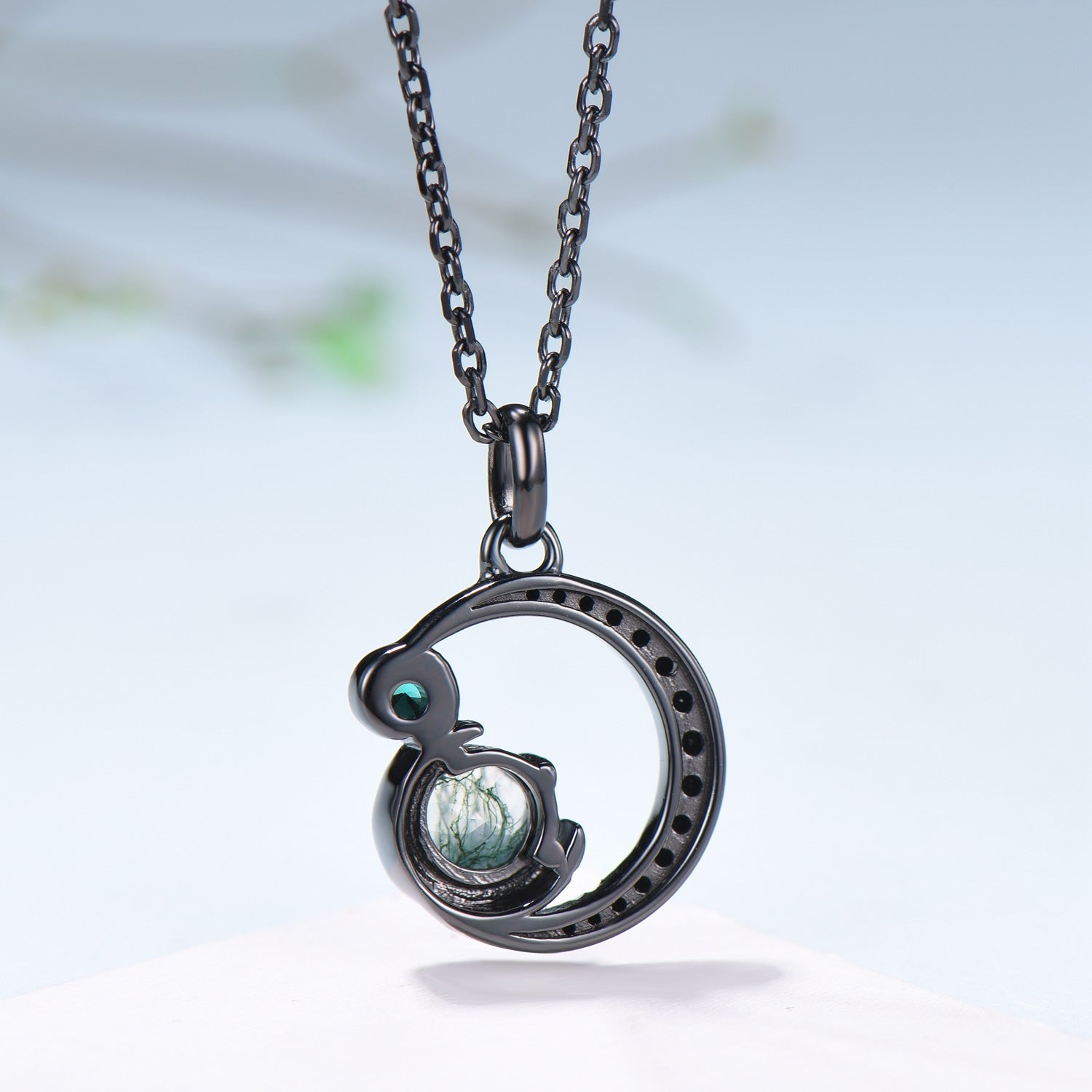 Unique Black Gold Green Moss Agate Necklace Magic Crescent Moon Dainty Agate Pendant Necklace Halloween Gothic Anniversary Gift for Daughter - PENFINE