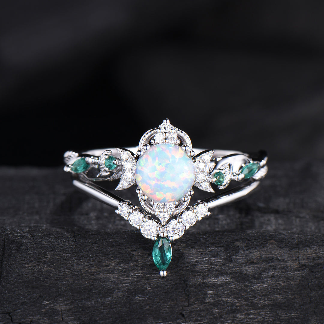 Vintage White Opal Engagement Ring Set Unique Leaves Nature Inspired Emerald Wedding Ring Set Art Deco Green Crystal Moissanite Bridal Set - PENFINE