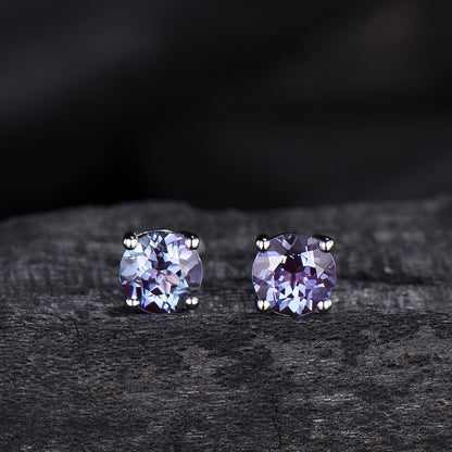 Solitaire Round Cut Alexandrite Stud Earrings Round Prongs