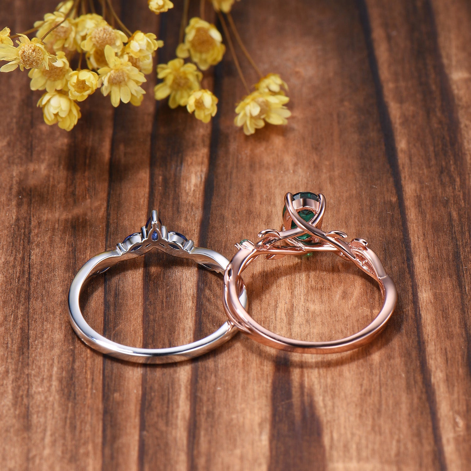 Emerald Engagement Ring Set with Blue Sapphire Wedding Band ¨C Leaf Vine Design