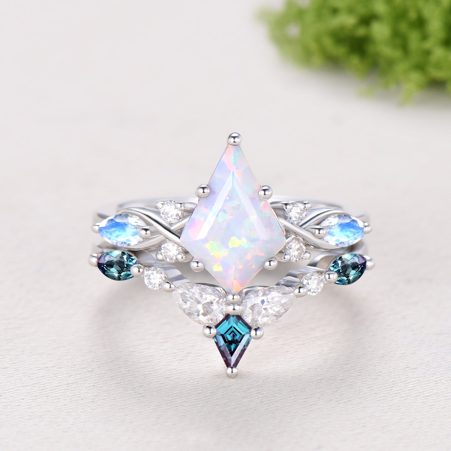 Vintage opal ring set 7x10mm kite white opal engagement ring marquise Moonstone wedding ring set unique alexandrite moissanite bridal set