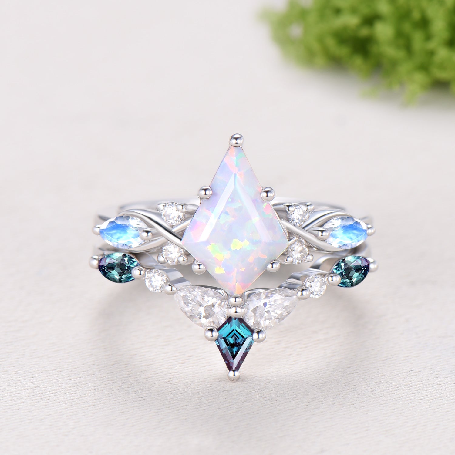 Vintage opal ring set 7x10mm kite white opal engagement ring marquise Moonstone wedding ring set unique alexandrite moissanite bridal set
