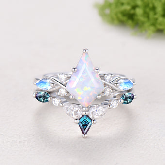 Vintage opal ring set 7x10mm kite white opal engagement ring marquise Moonstone wedding ring set unique alexandrite moissanite bridal set