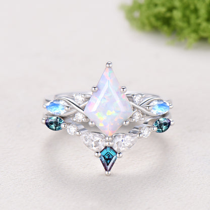 Vintage opal ring set 7x10mm kite white opal engagement ring marquise Moonstone wedding ring set unique alexandrite moissanite bridal set