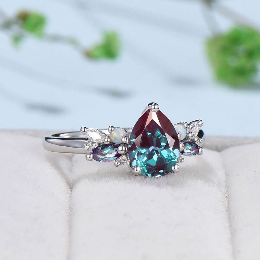 Vintage Alexandrite Opal Engagement Ring Pear Shaped Wedding Ring Women Art Deco Cluster Moissanite Anniversary Gift Bridal Promise Ring - PENFINE