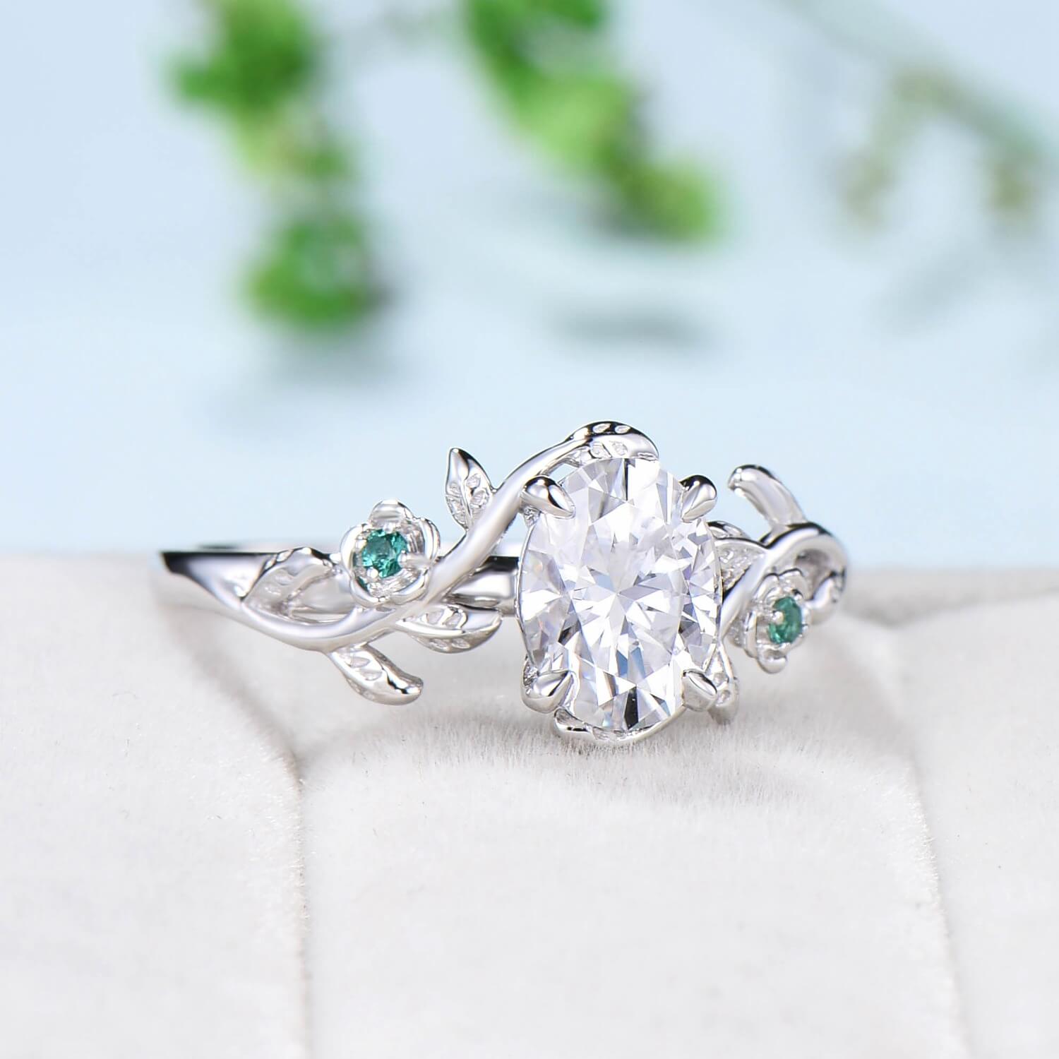 Vintage Floral moissanite emerald wedding ring set Nature Inspired flower engagement ring set unique twig leaf branch bridal ring set women - PENFINE