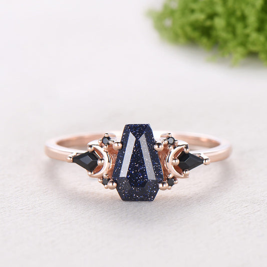 Coffin Blue Sandstone Ring, Kite Black Spinel, Rose Gold Wedding Band