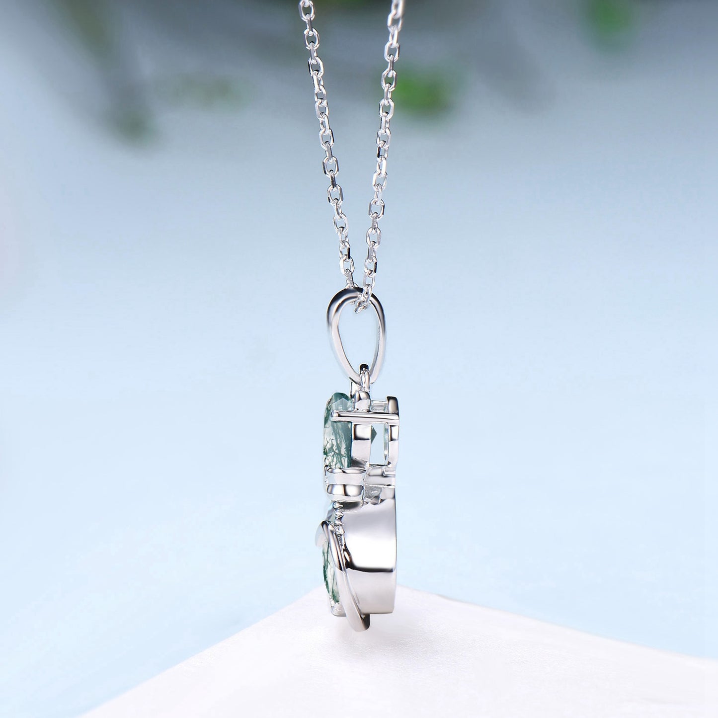 Exquisite cat natural moss agate necklace cute silver white gold bow pendant necklace personality cat paw anniversary gift for daughter - PENFINE