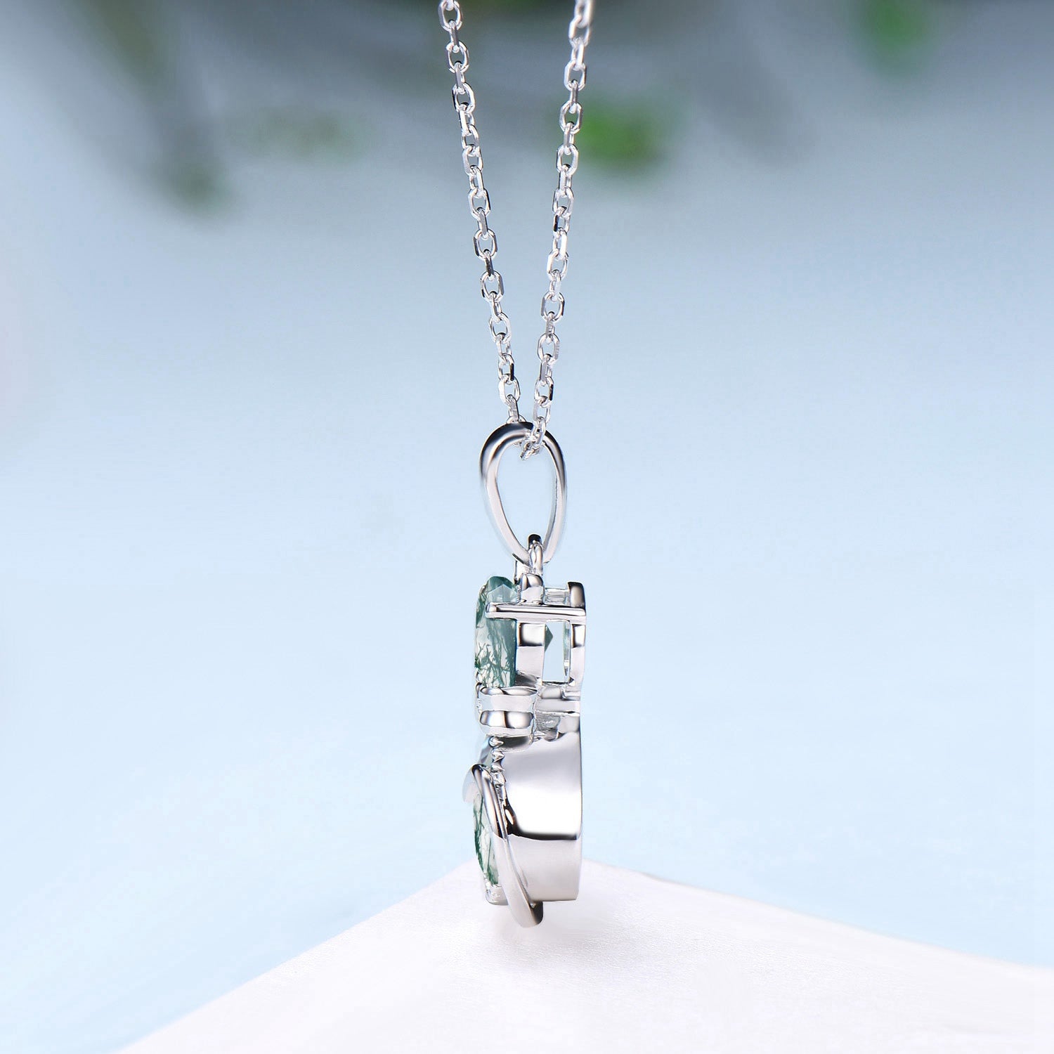 Exquisite cat natural moss agate necklace cute silver white gold bow pendant necklace personality cat paw anniversary gift for daughter - PENFINE