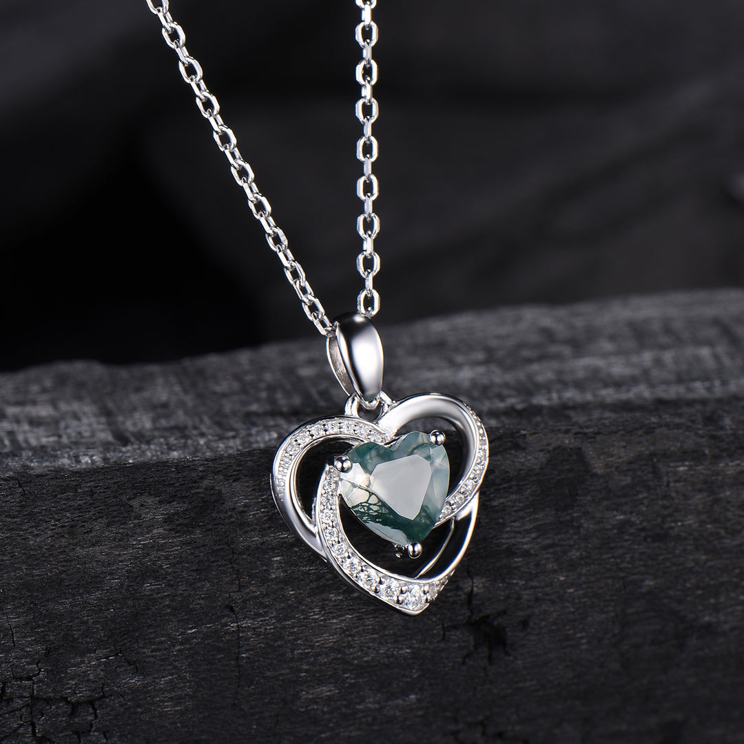 Vintage Hear Shaped Moss Agate Necklace Unique Retro Pendant Agate Necklace Floral Norse Viking Pendant Natural Pendant Anniversary gift - PENFINE