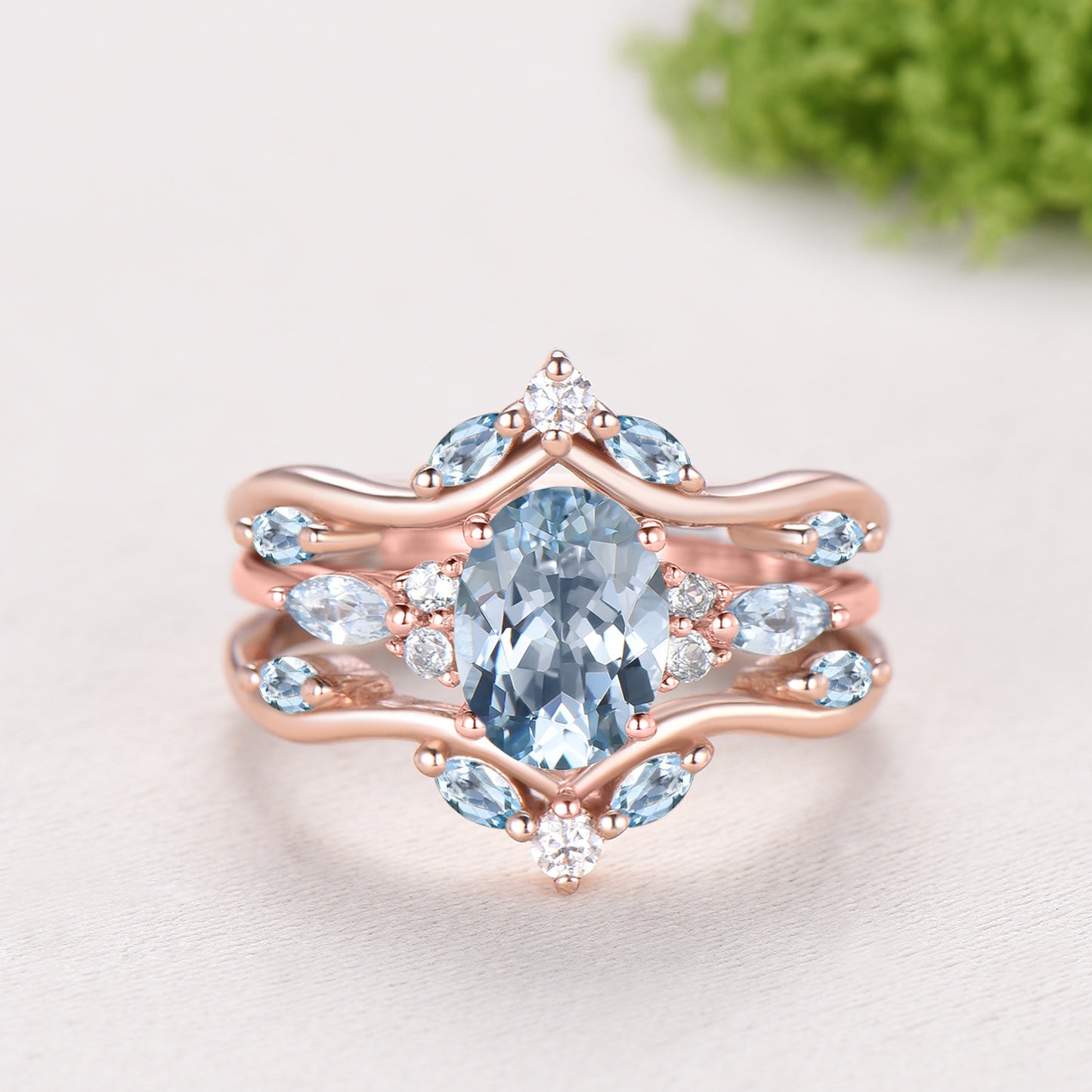 1.5CT Oval Natural Aquamarine Engagement Ring Set Cluster Marquise Gem Wedding Set March Birthstone Enhancer Band