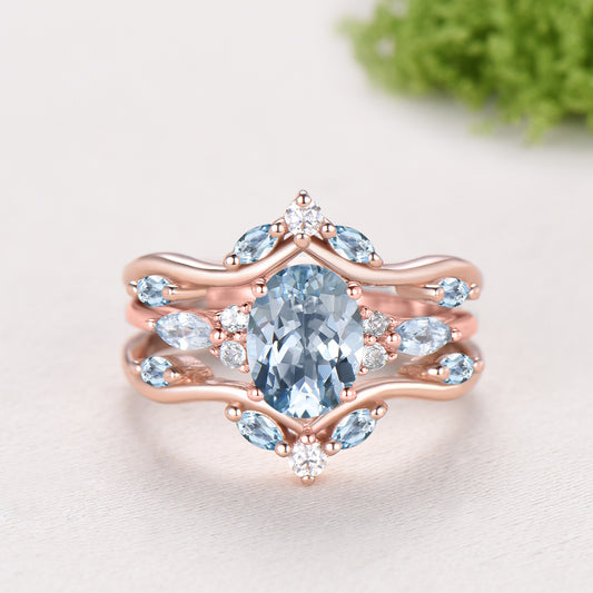 1.5CT Oval Natural Aquamarine Engagement Ring Set Cluster Marquise Gem Wedding Set March Birthstone Enhancer Band