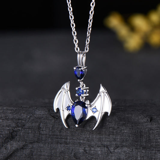 Gothic Bat Sapphire Necklace, Pear Cut Blue Sapphire Pendant, Vampire Bat Wings Jewelry, Dark Academia Charm, Halloween Gift for Her