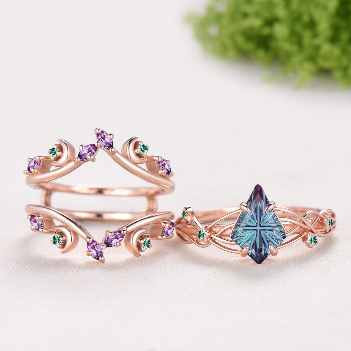 Kite Shaped Fantasy Cut Color-change Alexandrite Twisted Ring Set Amethyst Enhancer Stacking Band