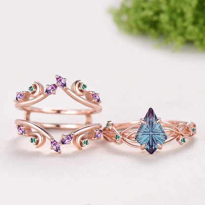 Kite Shaped Fantasy Cut Color-change Alexandrite Twisted Ring Set Amethyst Enhancer Stacking Band
