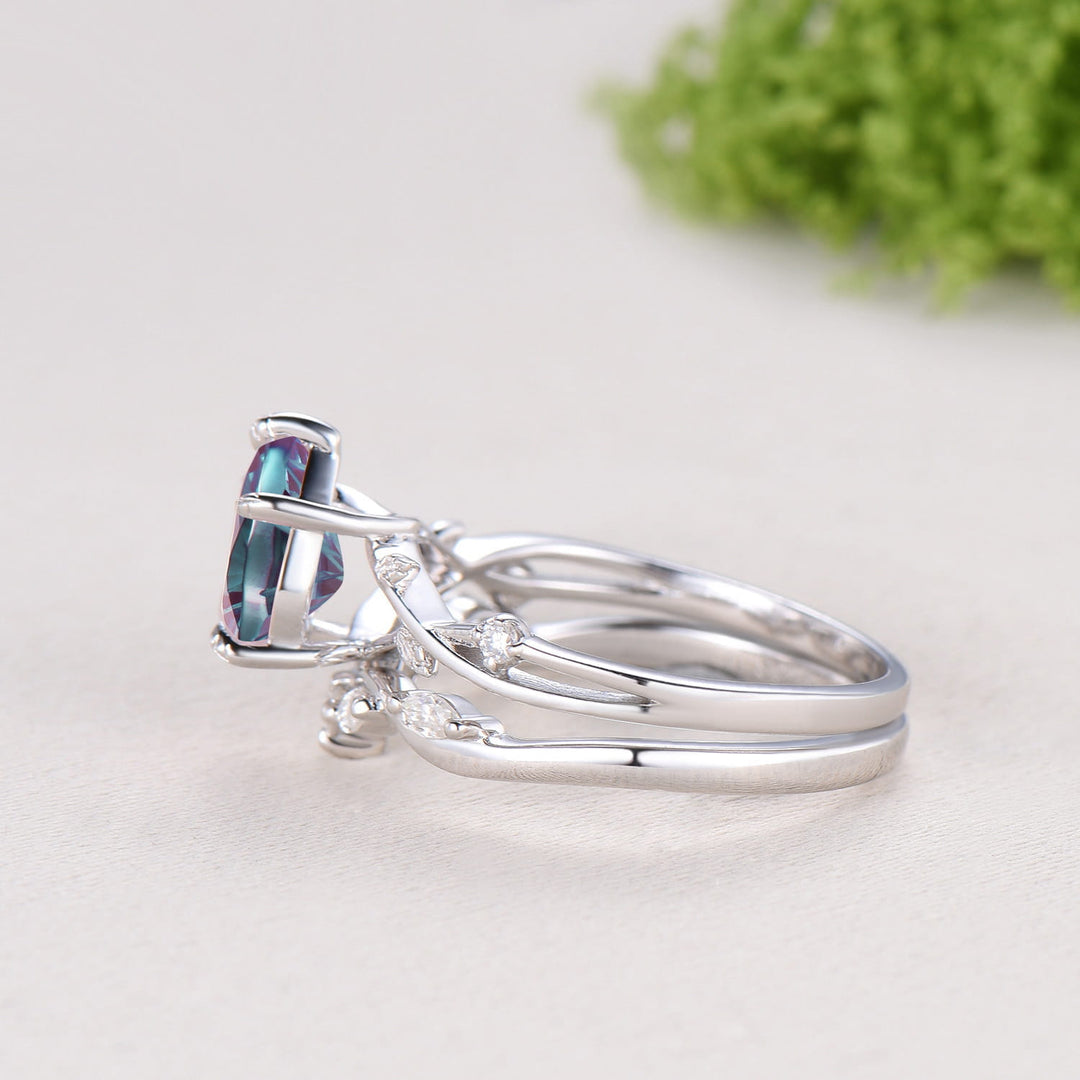 Pear Cut Starburst Alexandrite Engagement Ring Set | Twig Vine Color Change Stone Wedding Set