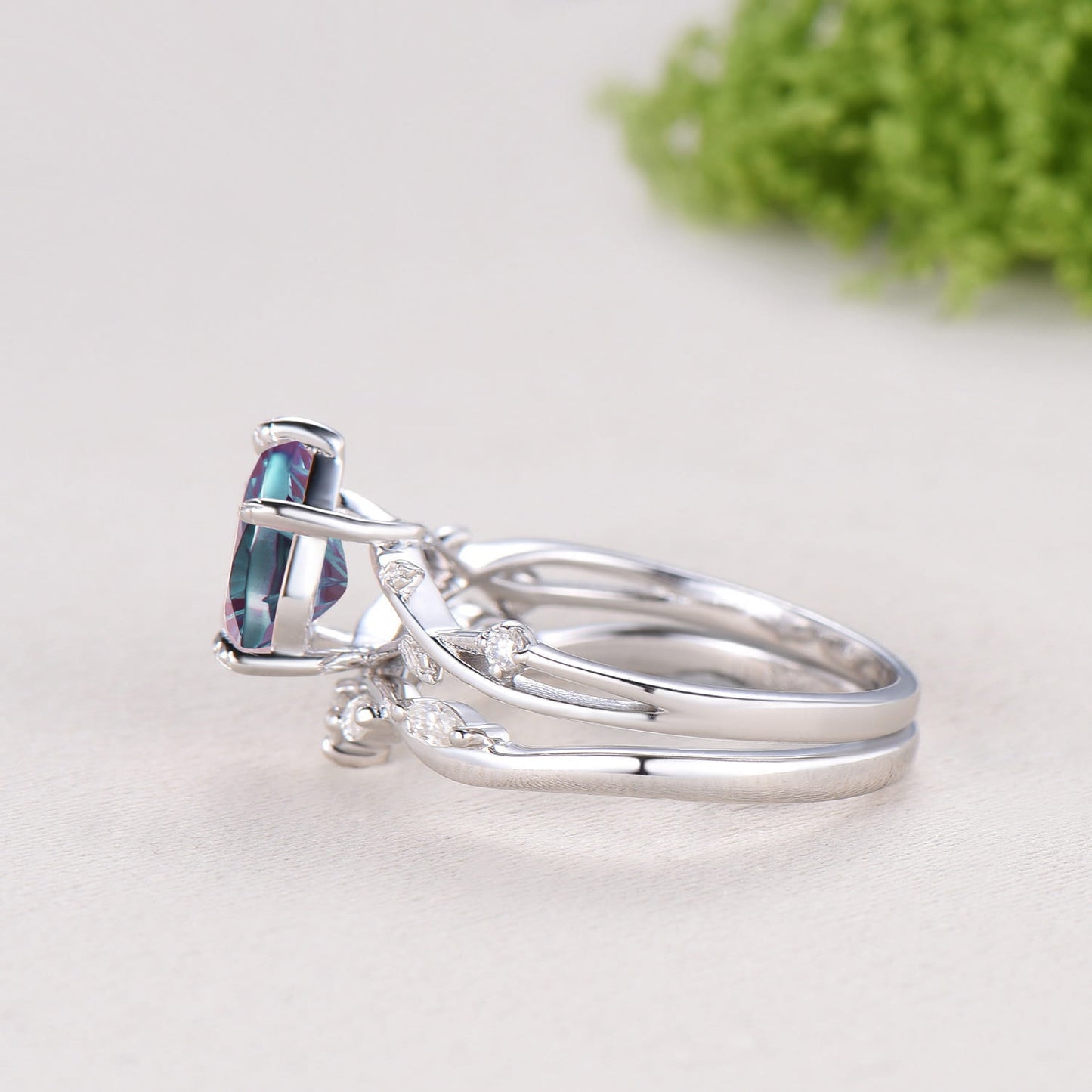 Pear Cut Starburst Alexandrite Engagement Ring Set | Twig Vine Color Change Stone Wedding Set