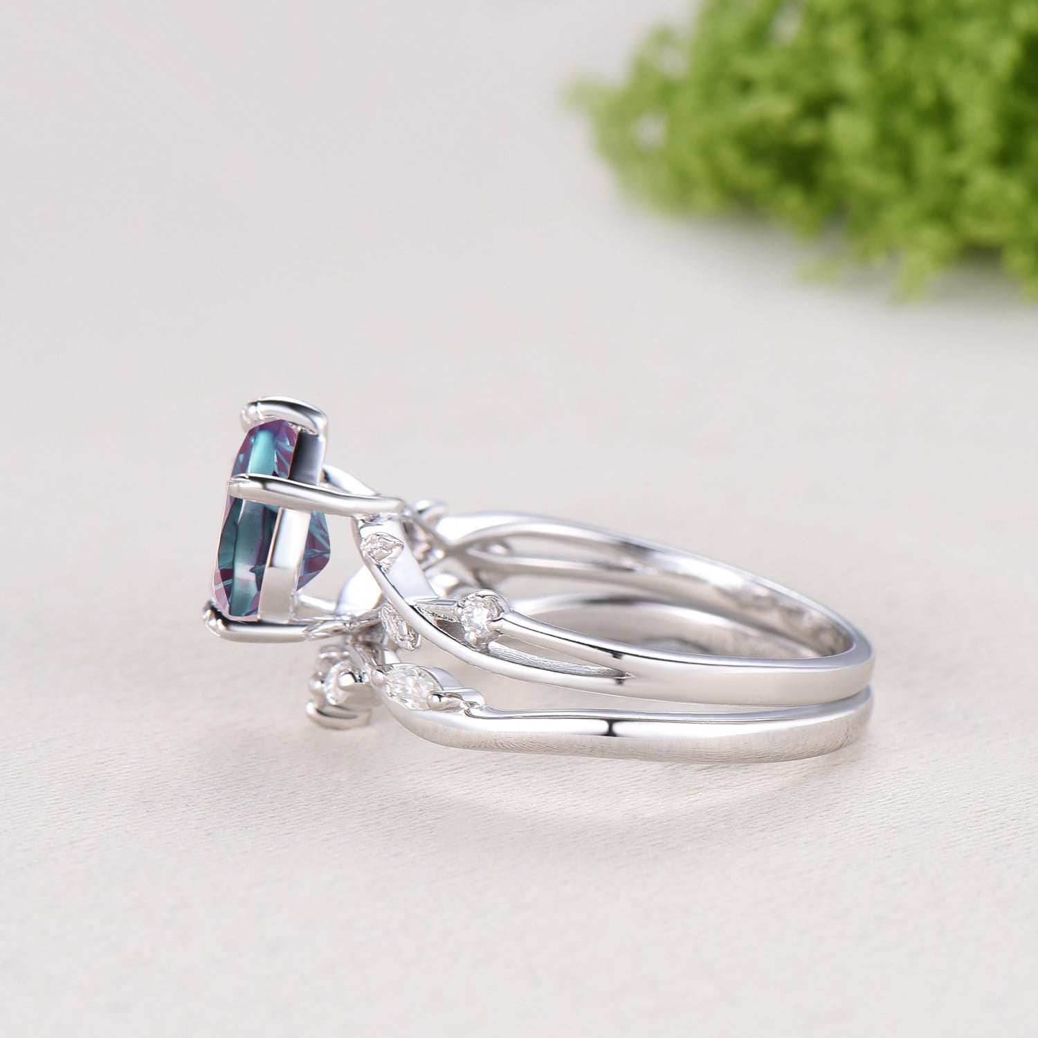 Pear Cut Starburst Alexandrite Engagement Ring Set | Twig Vine Color Change Stone Wedding Set