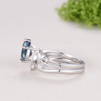 Pear Cut Starburst Alexandrite Engagement Ring Set | Twig Vine Color Change Stone Wedding Set