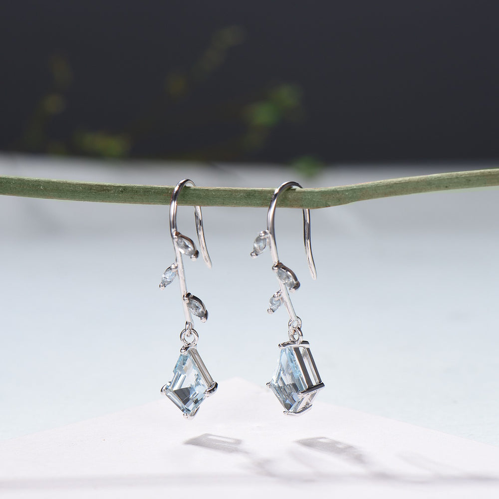 Kite Cut Aquamarine 14k White Gold Earrings, Brnach Vine, March Birthstone - PENFINE