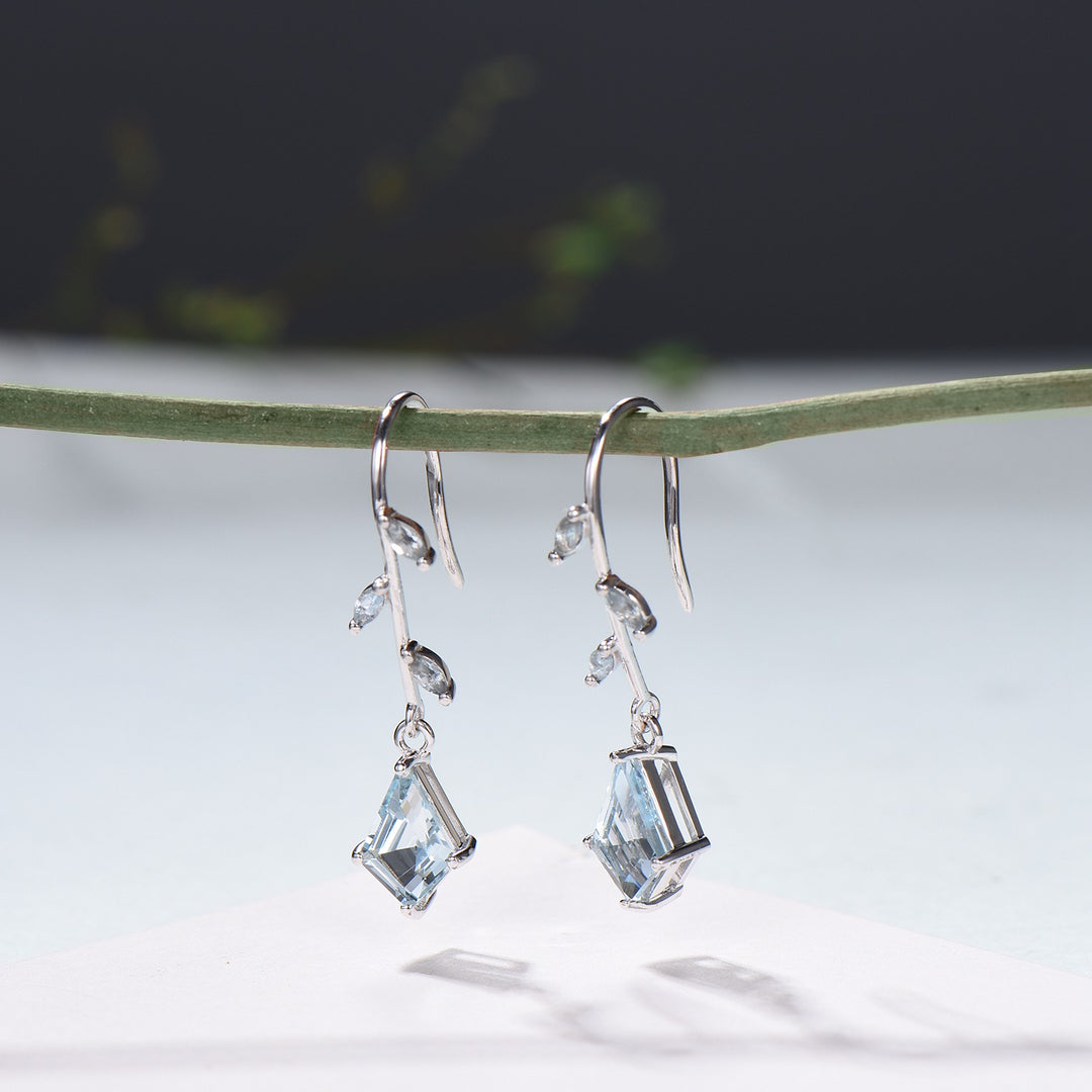 Kite Cut Aquamarine 14k White Gold Earrings, Brnach Vine, March Birthstone - PENFINE