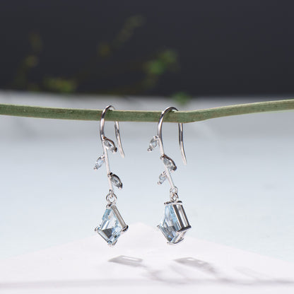 Kite Cut Aquamarine 14k White Gold Earrings, Brnach Vine, March Birthstone - PENFINE