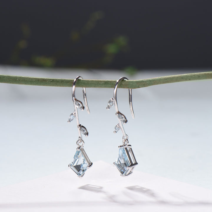 Kite Cut Aquamarine 14k White Gold Earrings, Brnach Vine, March Birthstone - PENFINE