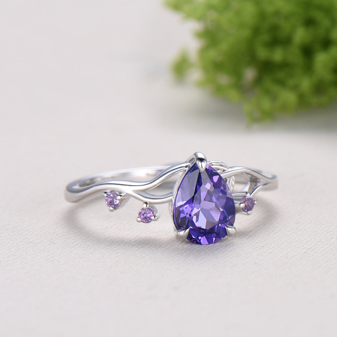 Vintage Pear Shaped Purple Sapphire Engagement Ring, Nature Inspired Leaf Twig Gold Ring, Accent Amethyst Split Shank Anniversary Ring - PENFINE