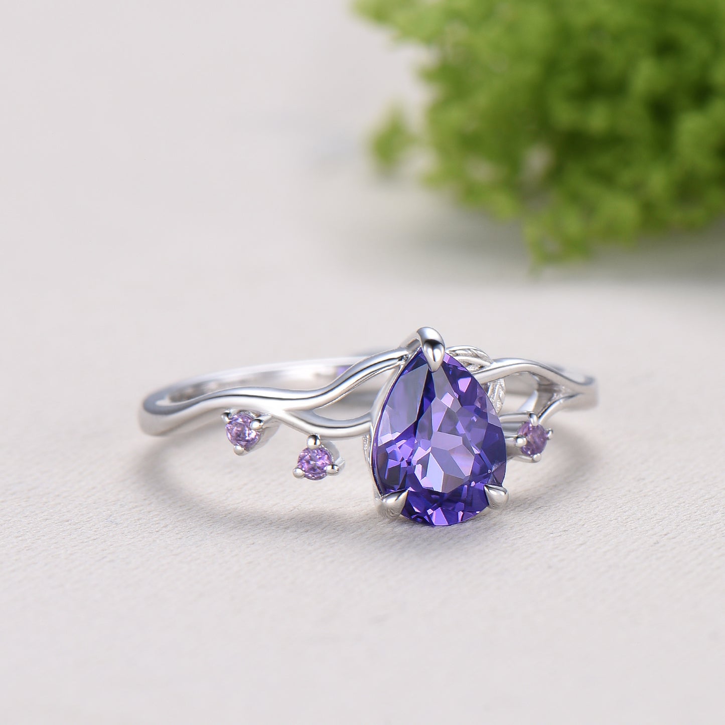 Vintage Pear Shaped Purple Sapphire Engagement Ring, Nature Inspired Leaf Twig Gold Ring, Accent Amethyst Split Shank Anniversary Ring - PENFINE