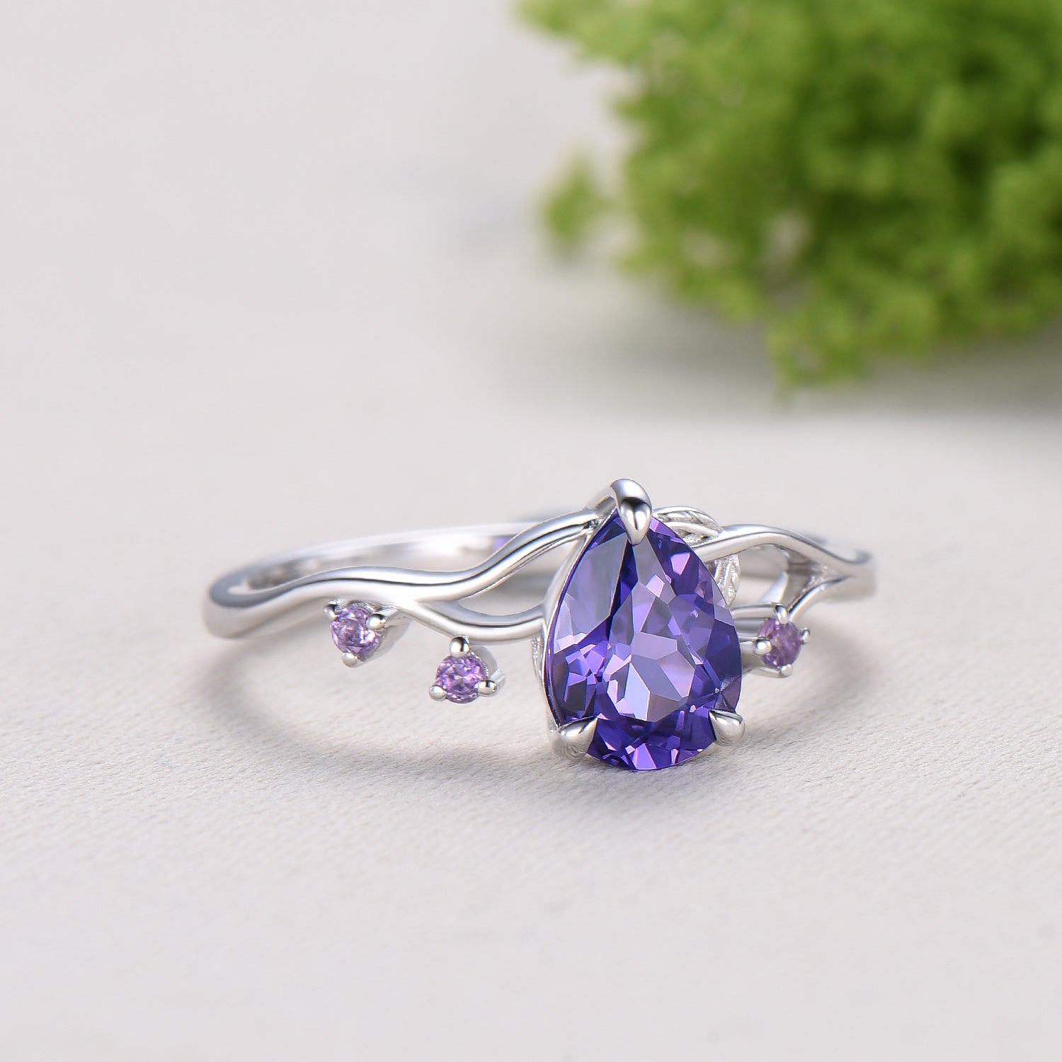 Vintage Pear Shaped Purple Sapphire Engagement Ring, Nature Inspired Leaf Twig Gold Ring, Accent Amethyst Split Shank Anniversary Ring - PENFINE