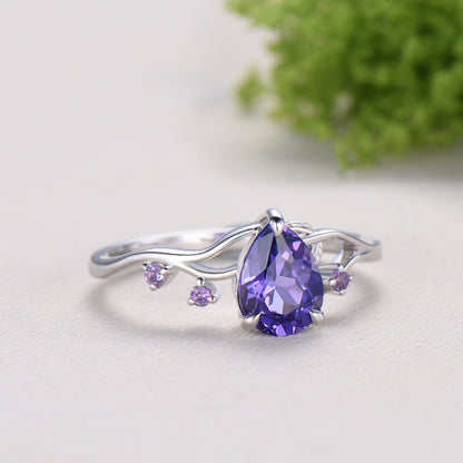 Vintage Pear Shaped Purple Sapphire Engagement Ring, Nature Inspired Leaf Twig Gold Ring, Accent Amethyst Split Shank Anniversary Ring - PENFINE