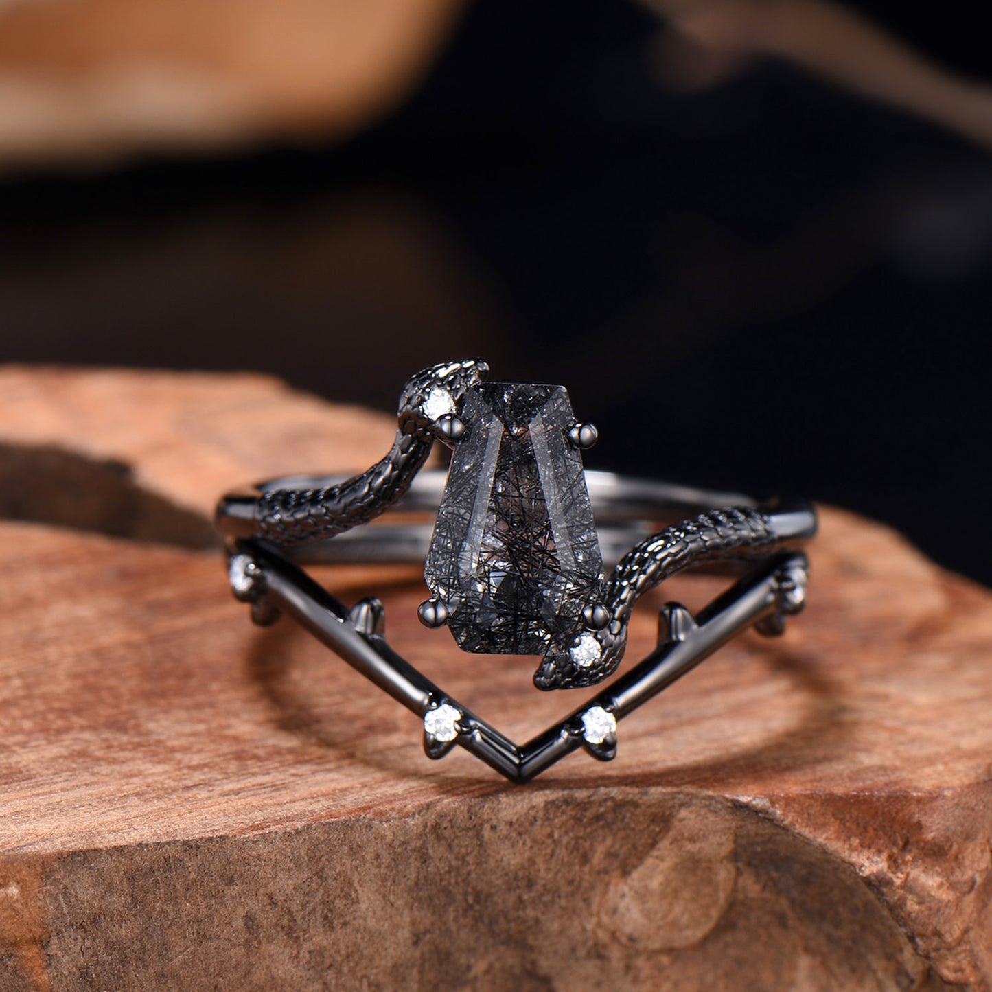 Black Rutilated Quartz Engagement Ring Set - Coffin Gemstone, Black Gold - PENFINE