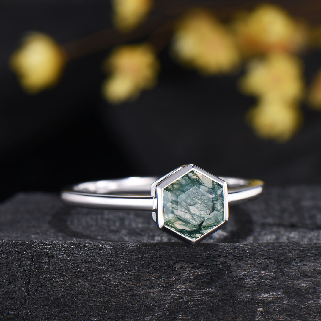 Hexagon Moss Agate Ring, 14k White Gold Solitaire, Vintage Style