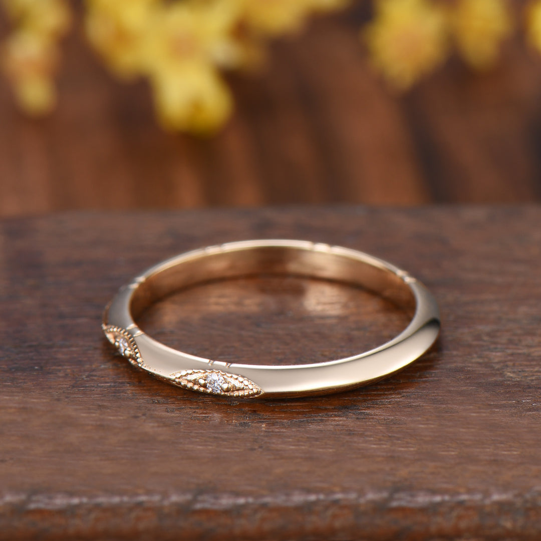 Art Deco Milgrain Diamond Wedding Band, 14K Yellow Gold Vintage Marquise Stacking Ring