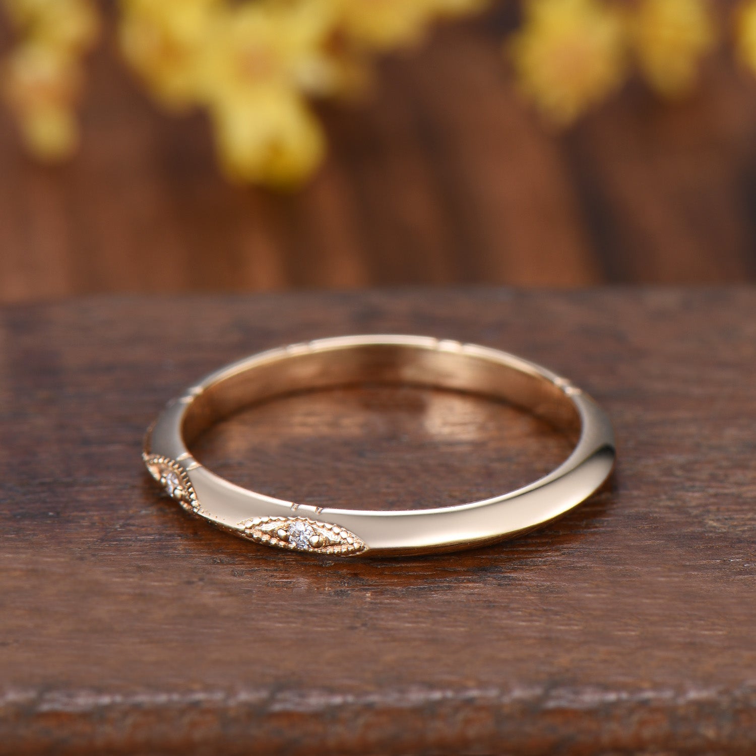 Art Deco Milgrain Diamond Wedding Band, 14K Yellow Gold Vintage Marquise Stacking Ring