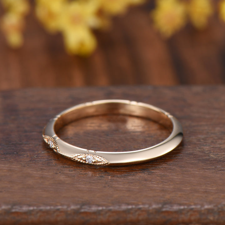 Art Deco Milgrain Diamond Wedding Band, 14K Yellow Gold Vintage Marquise Stacking Ring