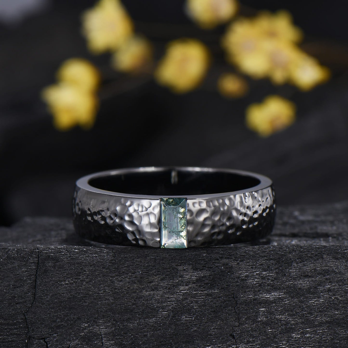 Couples Ring Set 5mm Moss Agate Hammer Men's Wedding Ring Moissanite Curved Band