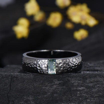 Couples Ring Set 5mm Moss Agate Hammer Men's Wedding Ring Moissanite Curved Band