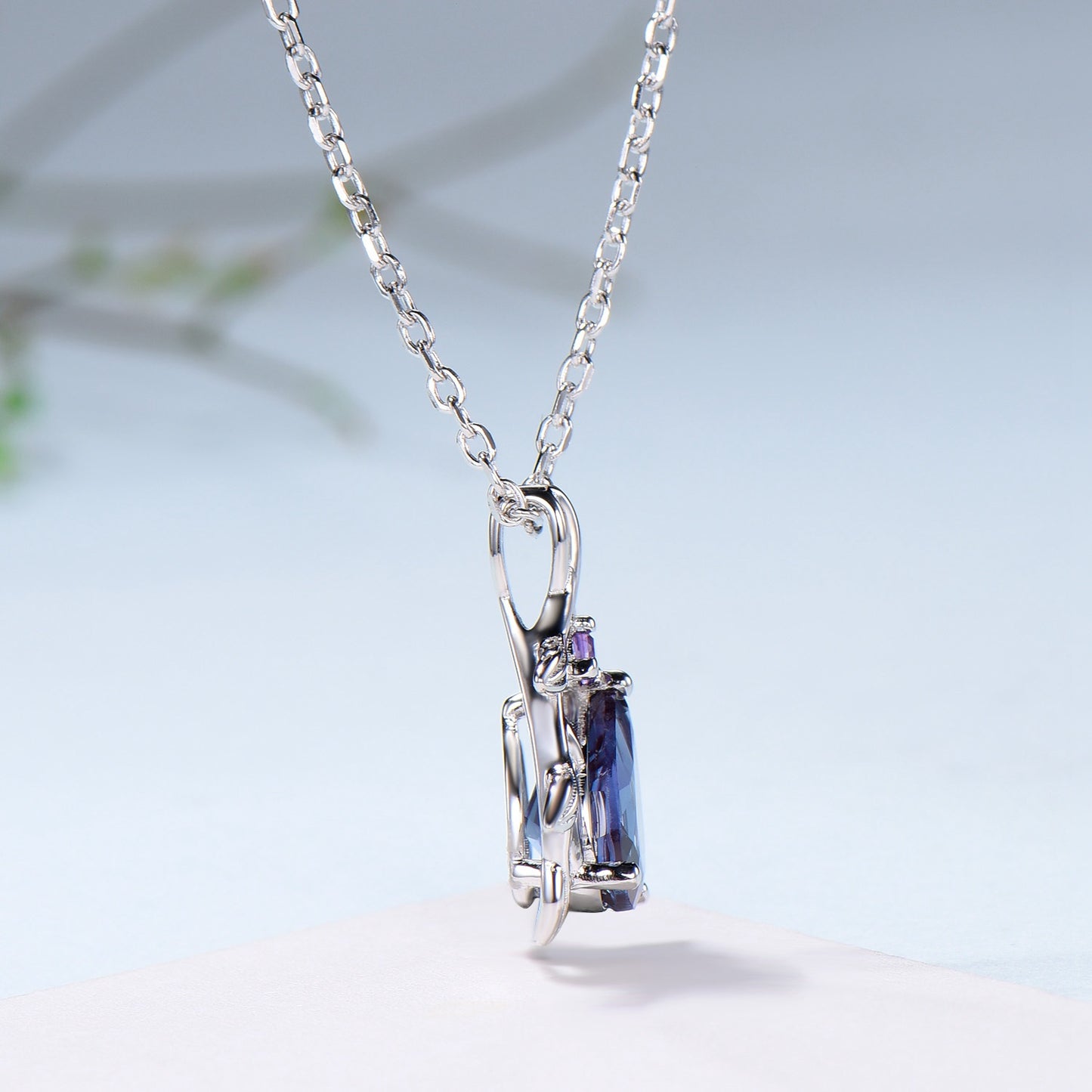 Fairy Core Aesthetic Alexandrite Necklace Color Changing Gemstone Pendant with Amethyst Accent - PENFINE