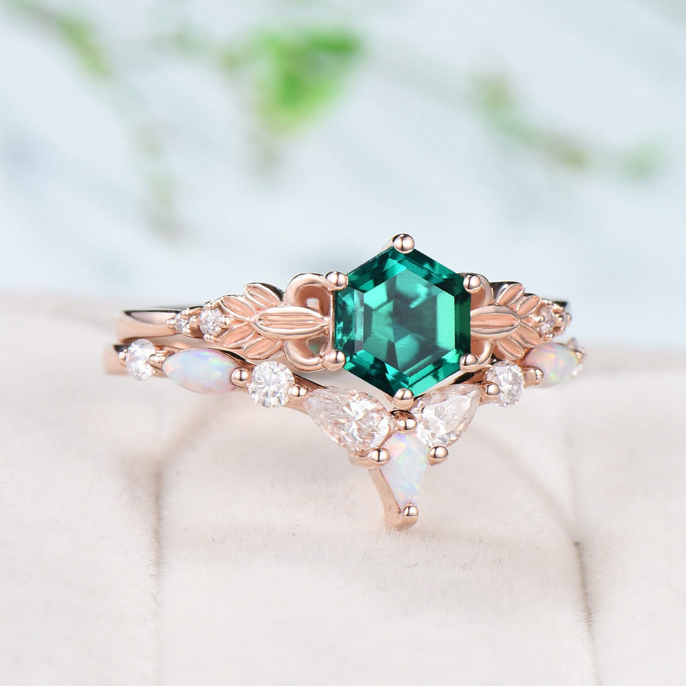 Retro Emerald Engagement Ring Set Vintage Green Crystal Leaf Floral Fire Opal Wedding Ring Art Deco Leaves Flower Bridal Set For Women - PENFINE