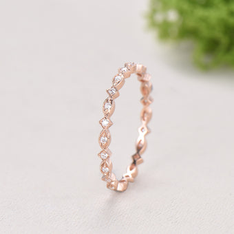 Art Deco Moissanite Diamond Wedding Band, Milgrain Stacking Ring, Vintage Anniversary Gift