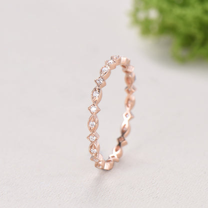 Art Deco Moissanite Diamond Wedding Band, Milgrain Stacking Ring, Vintage Anniversary Gift