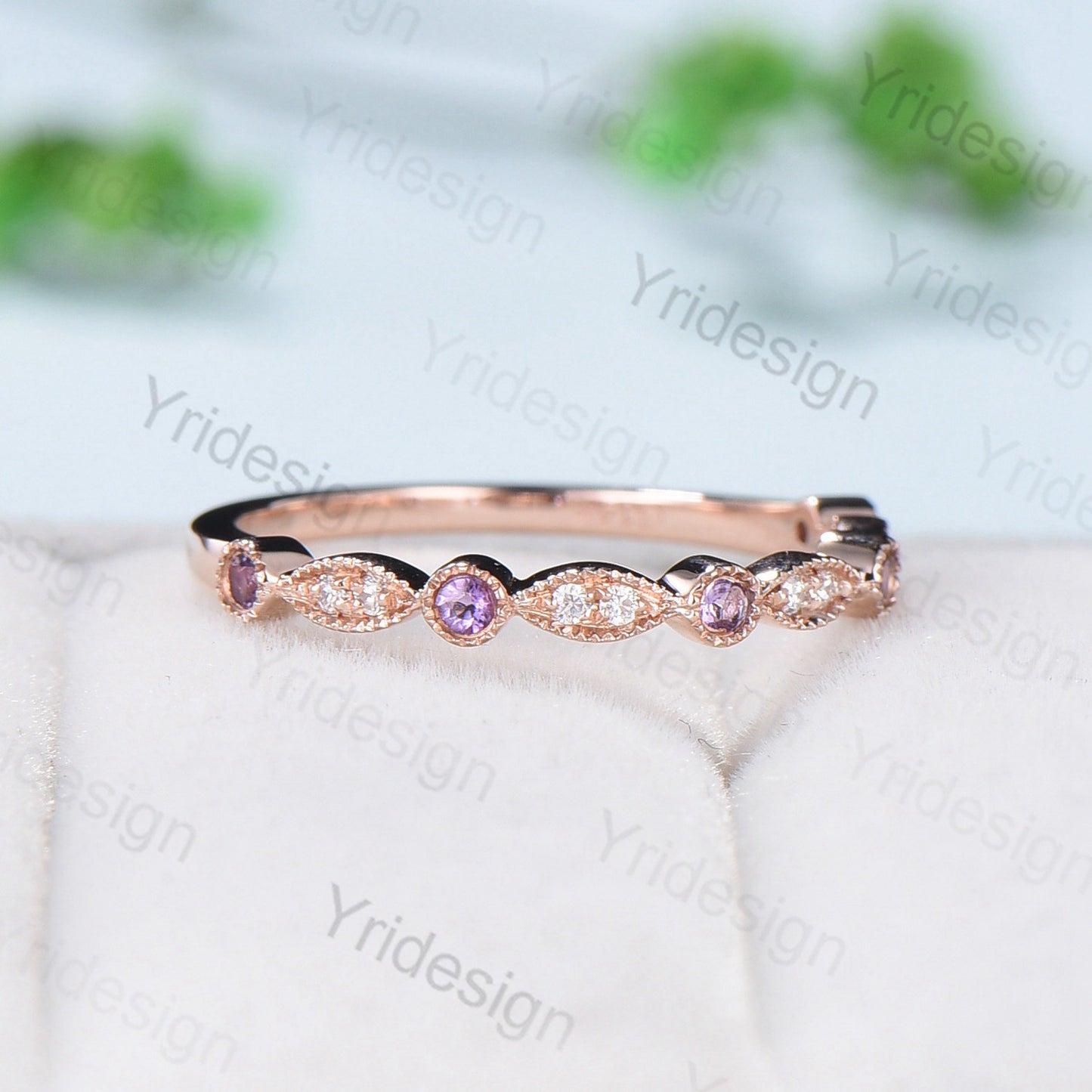 Luxe Tiara Half Eternity Amethyst And Diamond Wedding Band- Art Deco - PENFINE