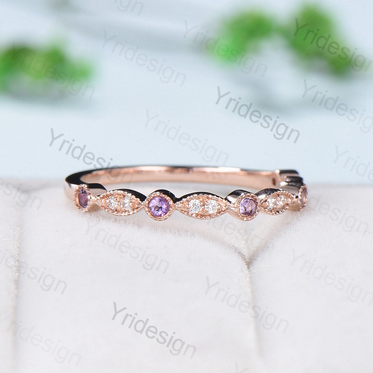 Luxe Tiara Half Eternity Amethyst And Diamond Wedding Band- Art Deco - PENFINE