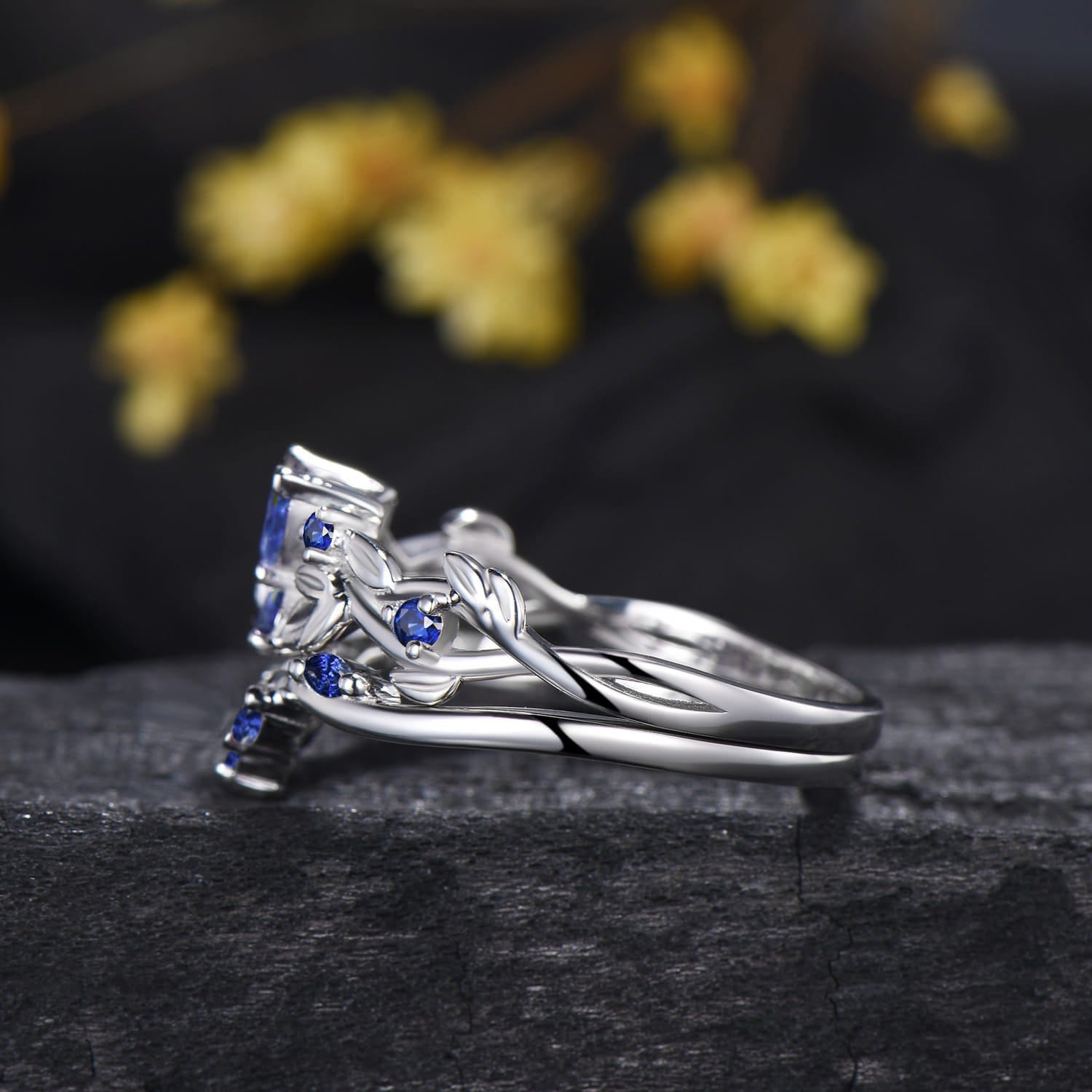 Blue Sapphire Butterfly Bridal Ring Set Leaf Twisted White Gold Engagement Ring