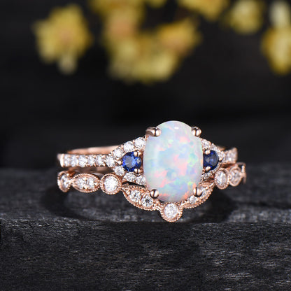 1.5CT Vintage Oval Fire White Opal Engagement Ring: Cluster Blue Sapphire Art Deco Band