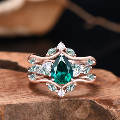 Pear Shaped Emerald Wedding Ring Set Rose Gold Cluster Enhancer Moss Agate Bridal Set