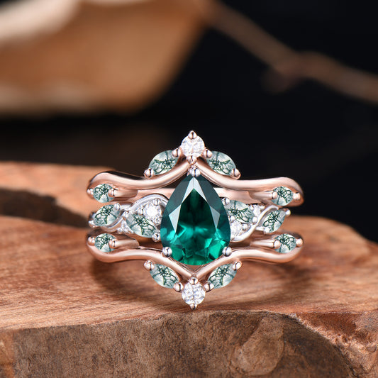 Pear Shaped Emerald Wedding Ring Set Rose Gold Cluster Enhancer Moss Agate Bridal Set