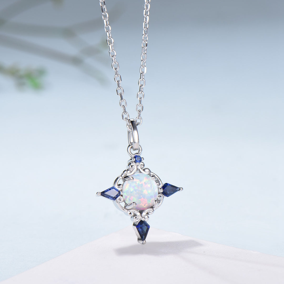 Celtic Knot Opal Pendant Necklace, 14K Rose Gold, Sapphire Accents - PENFINE