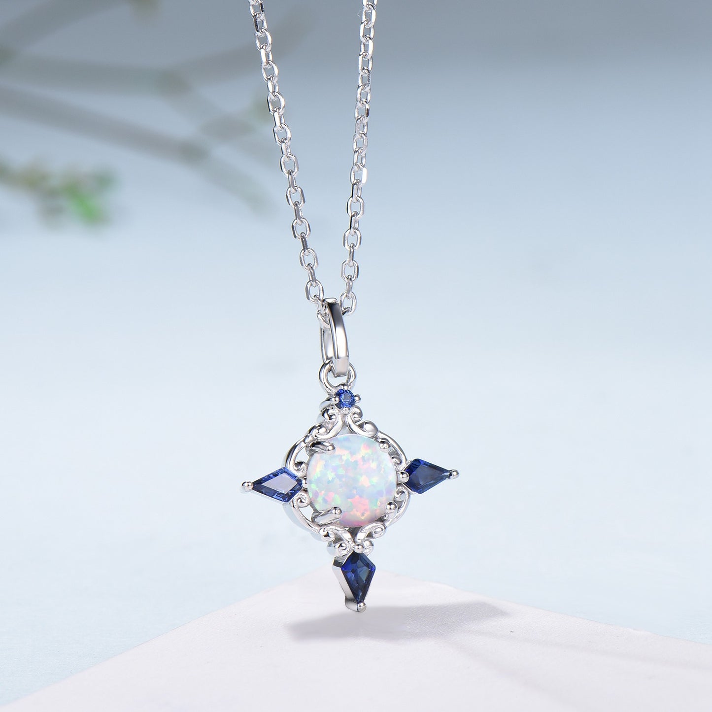 Celtic Knot Opal Pendant Necklace, 14K Rose Gold, Sapphire Accents - PENFINE